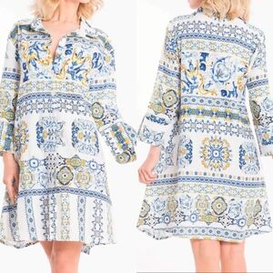RARE NWT Iconique ITALY MADE  Linen Blend Porcelain Shirt Dress Size M Fit Flare